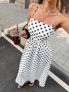 SHEIN PariChic Women's French Style Vacation Casual Polka Dot Print Spaghetti Strap Dress, Spring/Summer - White - View 4