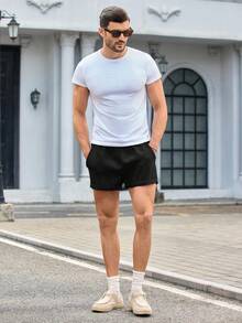 HIMLAND Men's Casual Woven Mid-Waist Rolled Hem Shorts - Black - View 4