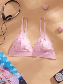 Eraneu Heart Print Lace Trim Triangle Cup Bra - Pink - View 6