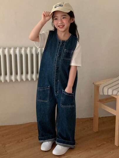 DAZY Young Girls Denim Bib Pants And Jumpsuit, Round Neck Casual Vintage Korean Style