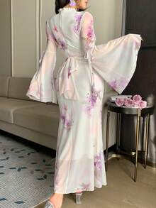 DAZY 印花新款中国风喇叭袖温柔优雅V领腰部系带连衣裙女式长裙吊带裙 - 淡紫色 - 查看 2