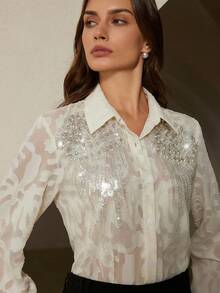 Aveloria Rosie Blusa de manga larga para mujer con diseño floral de jacquard, bordada con cuentas, strass y lentejuelas, de estilo elegante francés y versátil casual - Blanco - Ver 4
