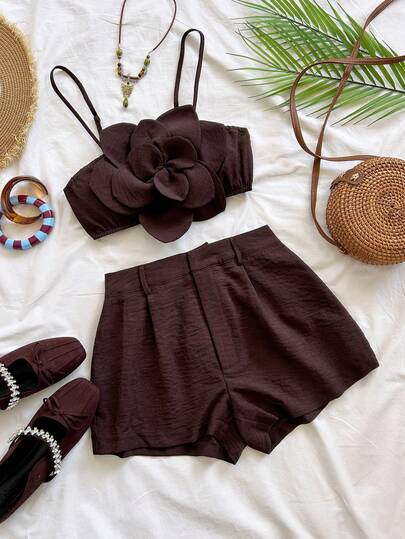 Soleia Women's Vacation Brown 3D Floral Top And Casual Shorts 2 Pieces Set