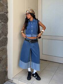 StreetHx 女士时尚休闲可折叠牛仔背心、夹克和外套 - 中等水洗藍 - 查看 5