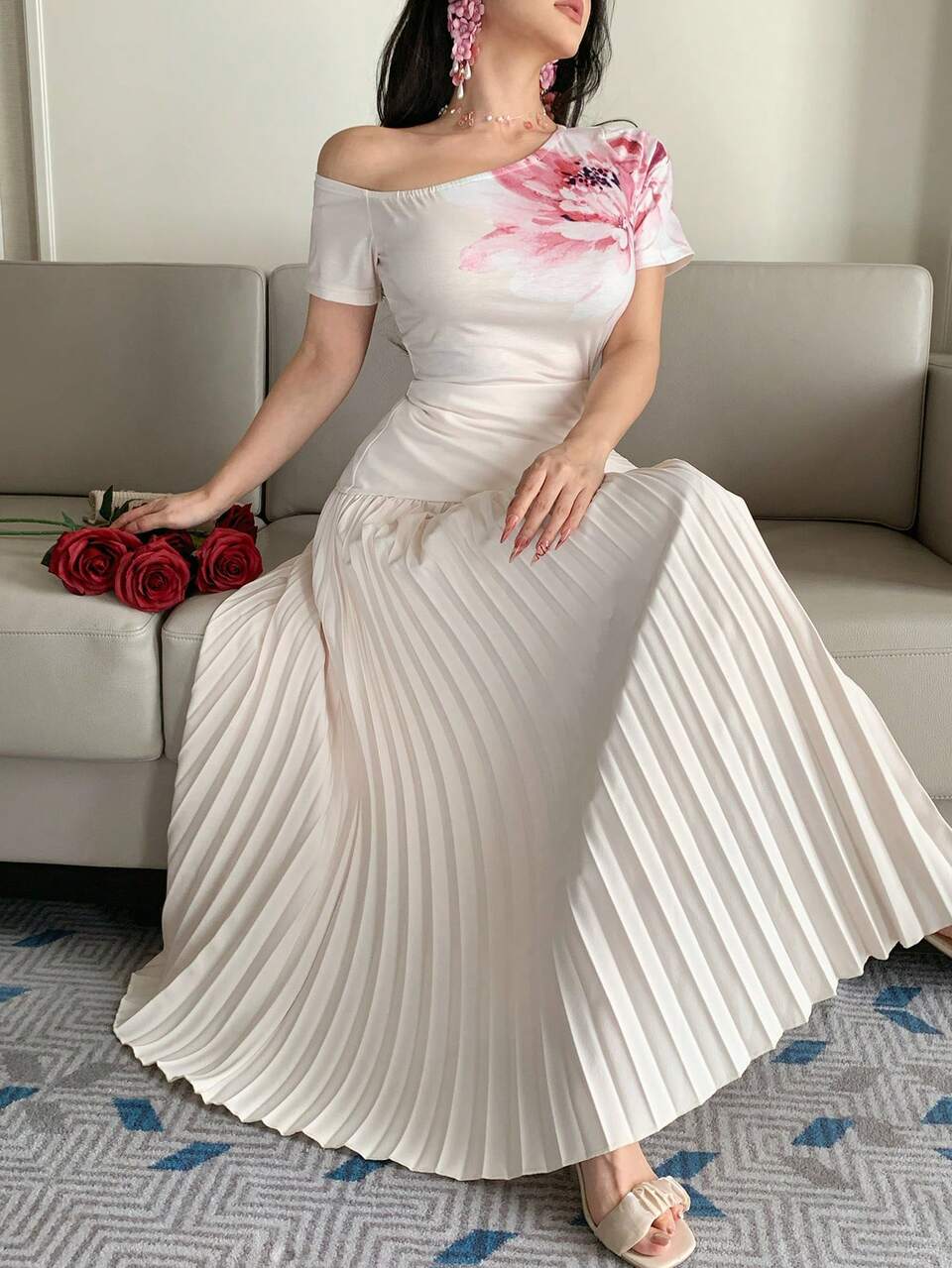 Women's Elegant Printed Pleated Asymmetric Shoulder Dress, Summer Wedding Guest Dress Sundress