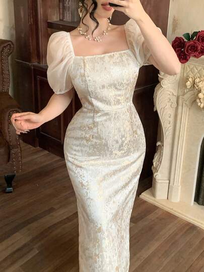 DAZY Damen elegantes Farbblockkleid mit quadratischem Ausschnitt und Puffärmeln, Sommer