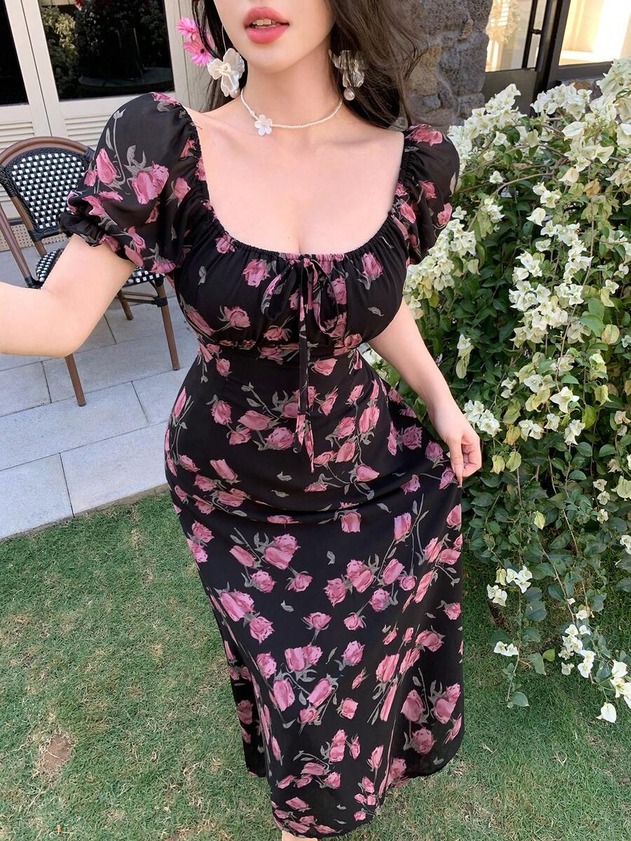 DAZY Sommarklänning i chiffong med blommig puffärm 2024, midja åtsittande, bantande fransk romantisk stil - Svart - Visa 1