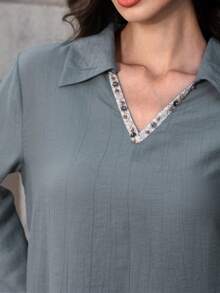 Mulvari Stylish Women's Teal Blue Plain Regular Sleeve Split Collar Woven Fabric Blouse For Everyday Wear - Teal Blue - View 6