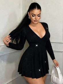 Rafferiza 女士黑色连衣裙，优雅纯色针织高弹力闪亮亮片V领派对连衣裙，适合音乐会、性感夜店等场合，也适合圣诞节、万圣节、新年等节日穿着。柔软弹力针织面料，收腰设计，时尚百搭，秋季必备单品，新款秋冬长袖连衣裙。 - 黑色 - 查看 4