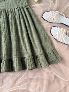 SHEIN 少女夏季休闲度假纯色荷叶边下摆无袖吊带连衣裙，适合夏季约会之夜、海滩度假、女孩外出、夏季海滩度假装扮、女童太阳裙 - 薄荷綠 - 查看 5