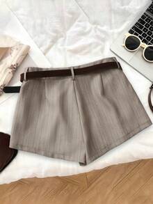 Franclia Pantalones cortos a rayas de estilo francés casual y retro con cinturón, pantalones cortos casuales, pantalones cortos de verano, pantalones formales de oficina, pantalones cortos de verano versátiles para mujer adecuados para salir, pantalones cortos casuales, profesores, verano casual, con cinturón y bolsillos, pantalones versátiles. Pantalones cortos a rayas elegantes para mujer, pantalones cortos con cinturón, pantalones cortos para mujer, conjuntos de 2 piezas, pantalones cortos para mujer, trajes de pantalones cortos para mujer, pantalones cortos de vestir para mujer, pantalones cortos a rayas grises para mujer - Caqui - Ver 2