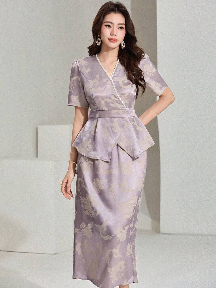 Women's Elegant Floral V-Neck Beaded Blouse And Straight Skirt 2-Piece Set, Spring/Summer,Wedding Guest Dress Women