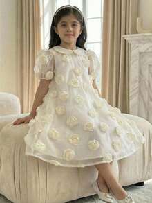 Young Girl 3D Bow Cute Peter Pan Collar Petal Sleeve Dress Casual Versatile Young Girl - Apricot - View 3