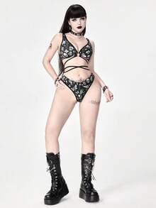 ROMWE Gothic Skull, Butterfly, Moth, Mushroom & Plant All-Over Print Wireless Bralette & Panty Set - Black - View 6