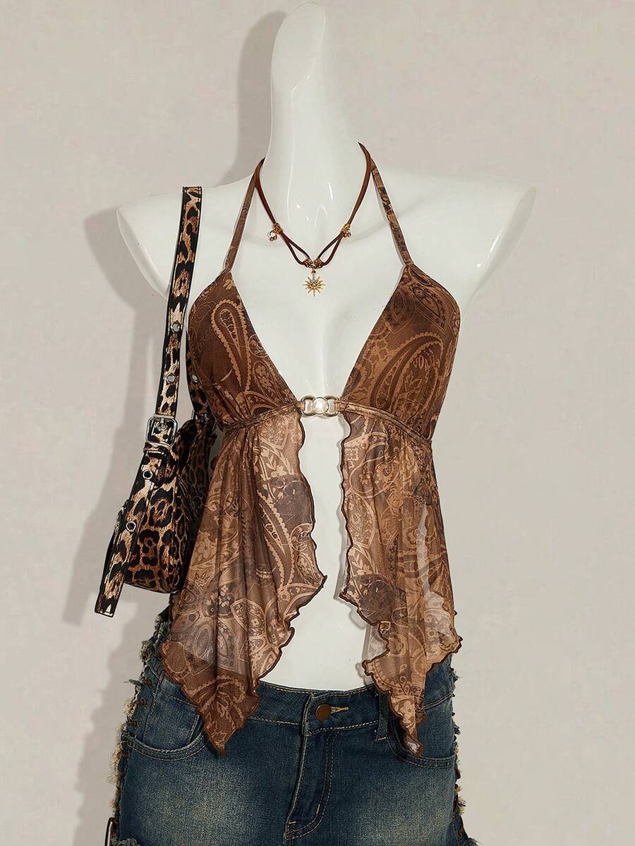 SHEIN ICON 吊带无袖复古印花露背吊带背心 - 棕色 - 查看 1