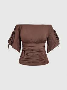 ROMWE Plus Size Loose Off-Shoulder High Waist Cinched Batwing Sleeve Versatile All-Match Women T-Shirt - Brown - View 1