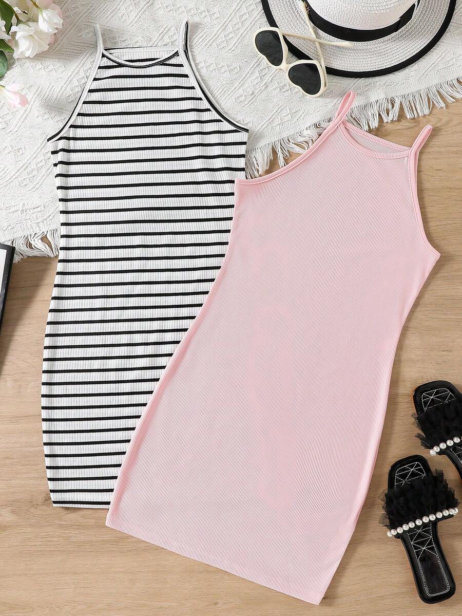 SHEIN Tween Girls' Casual Pink And White Striped Camisole Dress,Multi-Piece Set Summer Bodycon Dress For Kids Vacation Holiday,Kid Dresses Girl Clothes