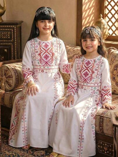 Girls' Robe: White Base With Purple-Red Geometric Embroidered Print, Flared Wide Sleeves + Cinched Waist Waist Design, Traditional Arab Clothing Abaya With Contrasting Traditional Patterns, Suitable  Celebrations And Everyday Elegant Vintage Wear Kids Arabic Dress Thobes For Kid Girls Pakistani Clothes For Kids Long Maxi Dress For Kids