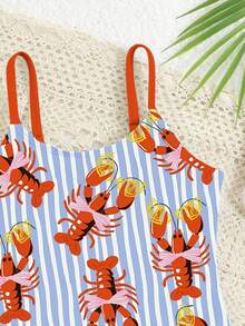 SHEIN 女童连体泳衣，龙虾印花，舒适针织面料，修身剪裁，适合度假、海滩、夏季穿着。这款泳衣适合青少年，可作为度假装、沙滩裙、沙滩套装、女童泳装或连体泳衣穿着。 - 彩色 - 查看 4