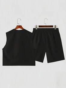 Manfinity Dauomo Conjunto de camiseta sin mangas de verano con cuello en V y botones para hombre - Negro - Ver 6