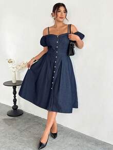 Firerie Plus Size Women's Off-Shoulder Button Design Fashionable Denim Dress,Valentine's Day,Summer,Carnival,Beach,Party,Elegant Party Dress,Going Out - Blue - View 5