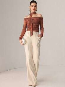 Modelyn Autumn Knitted Sexy Sheer Mesh Ribbon Print T-Shirt - Coffee Brown - View 5