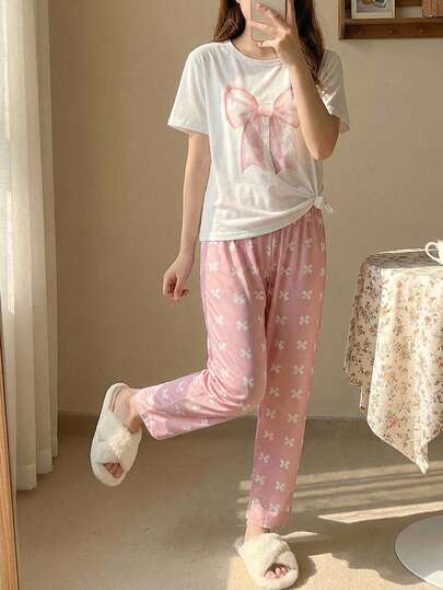 Pyjamasset för tweenflickor, fjärilsmönster, lösa axlar och heldryckta byxor, vår/sommar/höst