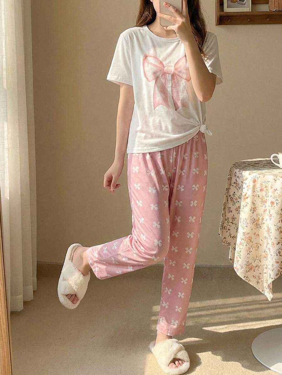 少女蝴蝶印花宽松露肩上衣和印花长裤睡衣套装，春夏秋季 - 粉色 - 查看 1