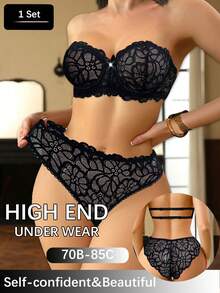 女士蕾丝拼接钢圈文胸和内裤性感内衣套装 - 黑色 - 查看 4
