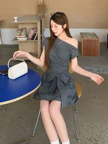 DAZY Đầm midi trễ vai thanh lịch dành cho nữ, thắt eo, chân váy xòe, đầm hè. - Xám - Xem 7