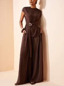 Zivah Elegant Coffee Brown Autumn 2-Piece Set For Work,Short Sleeve Top With Shoulder Ruffle,Metal Decor,Waist Tie & Wide Leg Pants With Pockets,Office Wear - Brown - View 8