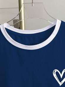 Resyla Women's Casual Heart Print Short Sleeve Ringer Tee, Suitable For Daily Commute In Summer - Navy Blue - View 3