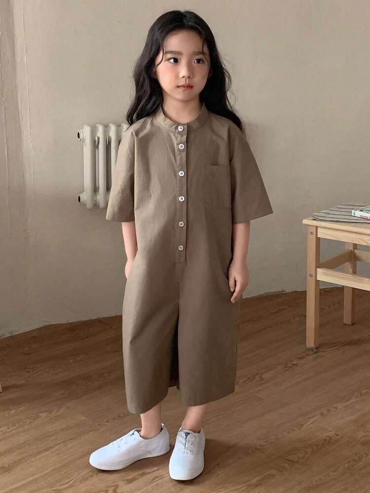 Young Girl' Solid Color Casual Short Sleeve Jumpsuit