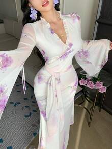 DAZY 印花新款中国风喇叭袖温柔优雅V领腰部系带连衣裙女式长裙吊带裙 - 淡紫色 - 查看 6