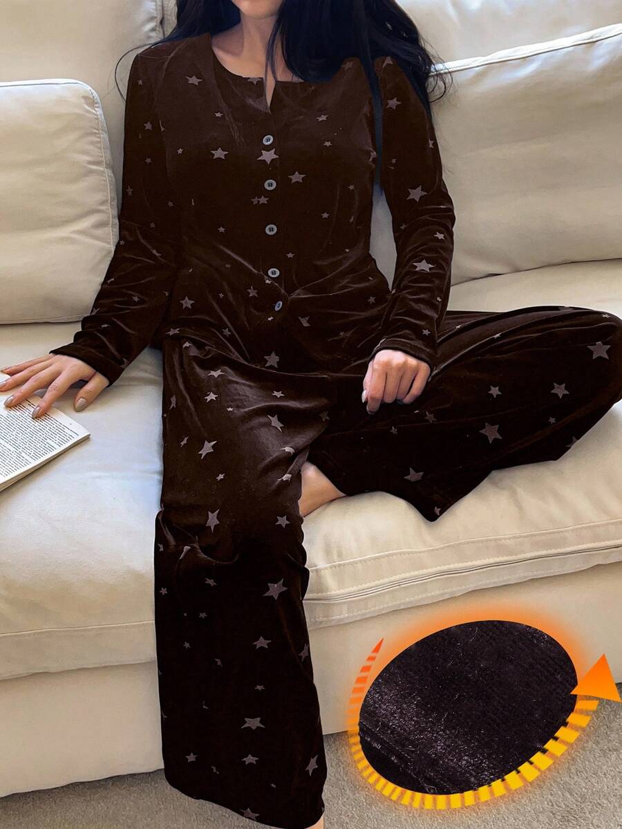 Bộ đồ ngủ 2 món dành cho nữ, gồm áo khoác cardigan dài tay in hình ngôi sao và quần ống đứng bằng nhung, thích hợp cho mùa Thu/Đông. - Cà phê nâu - Xem 1