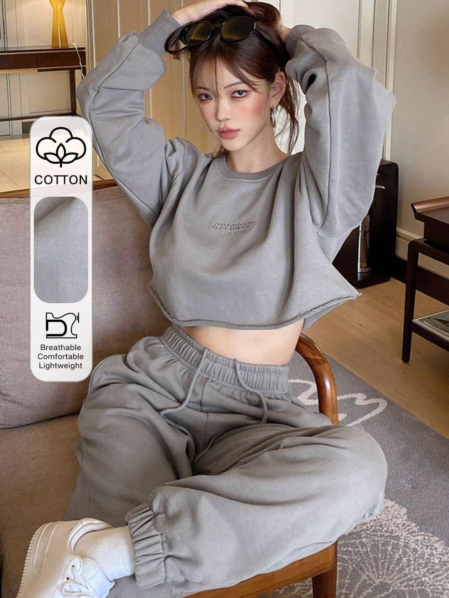 DAZY 女士休闲卫衣阔腿裤套装（两件套），宽松直筒裤，秋冬季 - 灰色 - 查看 1