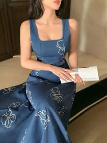 DAZY 女士优雅印花无袖方领牛仔连衣裙，夏季 - 藍色 - 查看 3