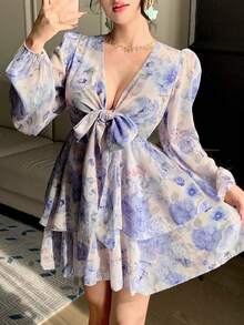 DAZY French Style Pink Floral V-Neck Long Sleeve Dress, Tie-Waist Chiffon A-Line Mini Skirt, Spring - Baby Blue - View 7