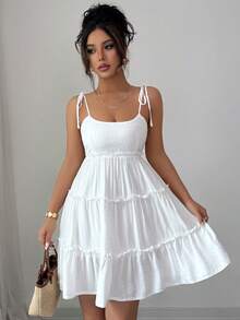 SHEIN PETITE Women's Sexy Beach Vacation Jacquard Ruffle Trim Multi-Layer Patchwork Backless Mini Dress - White - View 6