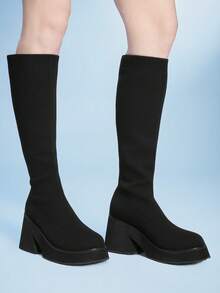 Sugerpunk Women's Embroidered Round Toe Platform Mid-Calf Boots, Fashionable Ankle Boots With Western Style Valentine's Day - Black - View 6