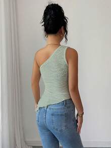 SHEIN Elenzya 女士新款春夏秋季休闲通勤旅行上衣，纹理面料，不对称下摆，不对称斜肩设计，侧边金属装饰，适合女性在秋季、情人节、新年、假期、万圣节、圣诞节等场合穿着。 - 綠色 - 查看 2