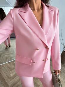 EURMUSE Women's Pink Double Breasted Suit Set With Gold Detailed Button - Pink - View 6
