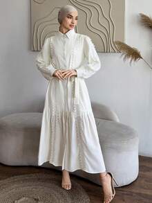 DAZY Women's Elegant Lace Patchwork Belted Mid-Length Dress, Spring/Summer Wedding Guest Dress - Beige - View 6