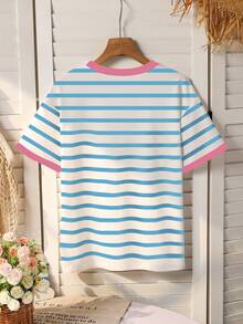 女童蓝白条纹圆领短袖T恤，樱桃豹纹印花图案，时尚百搭，适合春夏穿着 - 彩色 - 查看 2
