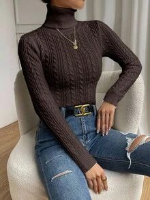 SHEIN Casual Solid Color Turtleneck Sweater, Autumn/Winter - Coffee Brown - View 4