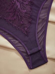 Charlaine Elegant Purple Lace & Mesh Patchwork Jumpsuit, Slimming, Sheer, Waist-Cinching, Romantic French Style, Sophisticated & Sexy - Purple - View 4