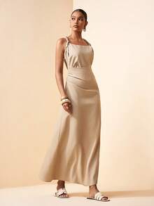 Zivah 2026 Spring New Arrival Vacation Style Music Festival Easter Western Nomadic Birthday Daily Casual Vacation Beach Wedding Street Fashion Date Twist Strap Ruched Draped Neck Flared Hem A-Line Woven Dress, French Elegant - Khaki - View 4