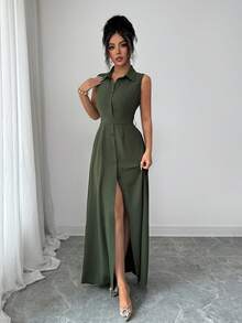 Elenzga Women's Elegant Romantic Summer Vacation Round Neck Sleeveless Waist Cinched Flowy A-Line Dress - Army Green - View 6