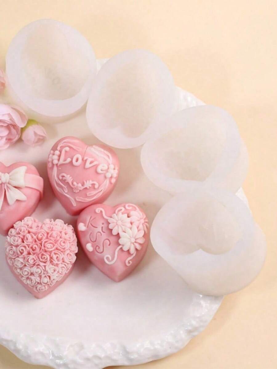 1pc/4pcs Heart Shaped Silicone Molds - Multifunctional Love Theme Wedding Candle, Soap Making And DIY Molds With Elegant Bow Rose Pattern, Easy Demold - Multicolor - View 1