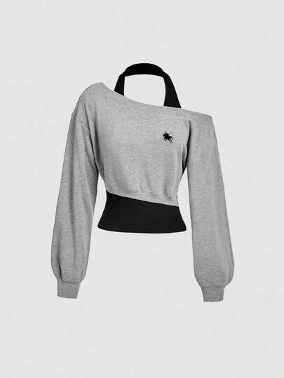 SHEIN MOD Damtröja med riddartryck och nedsänkt axel, långärmad och falsk halsringning